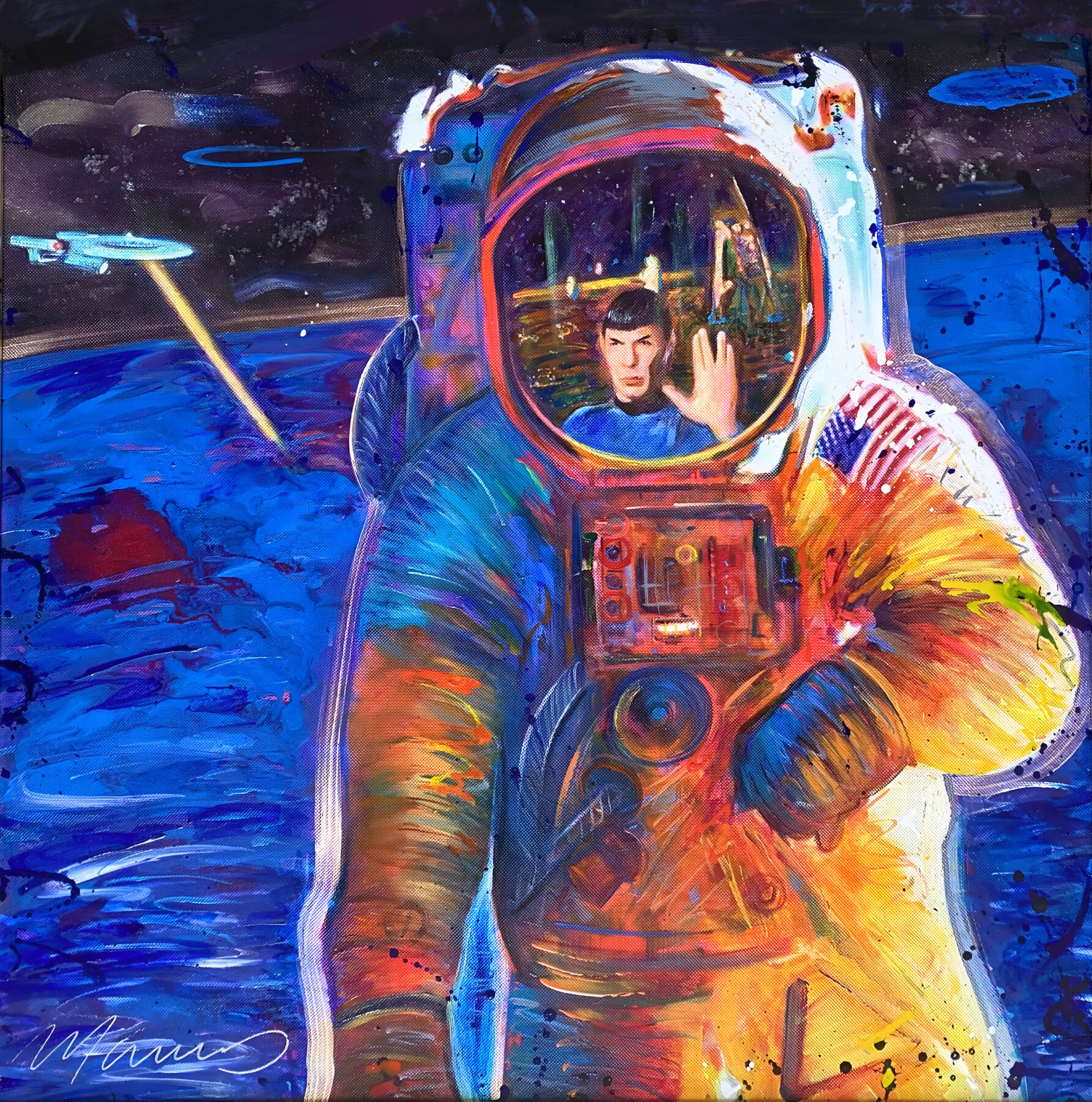 Hombre en la Luna · Fine Art · Marcos Ribadeneira · Space Art · Ecuador Artist · Neopop Art · Ecuador Space Society · Moon · Mr. Spock · Star Trek ·Stars · Enterprise