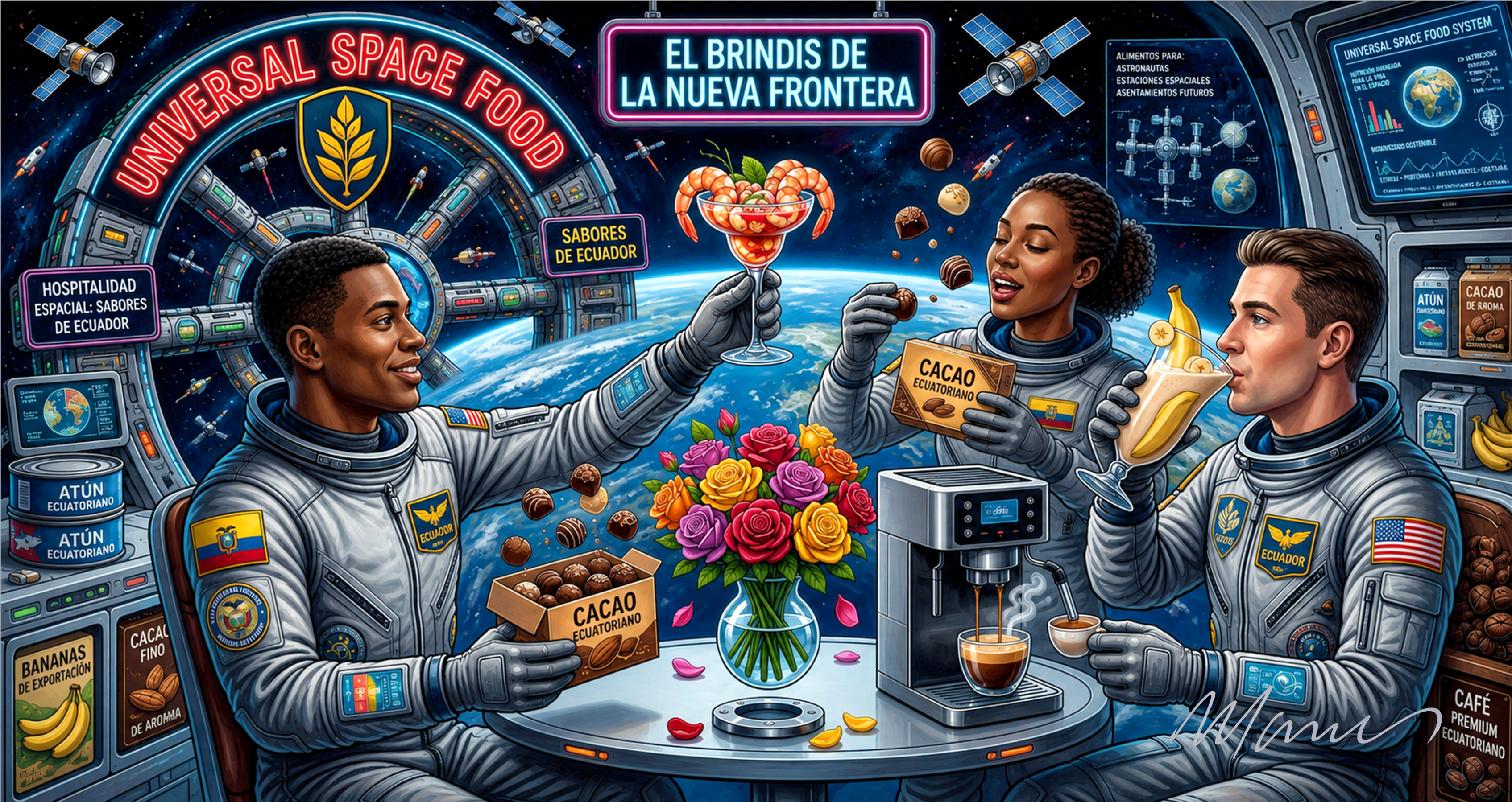 El Brindis de la Nueva Frontera · Fine Art · Marcos Ribadeneira · Space Art · MRS · Ecuador Artist · Neopop Art · Ecuador Space Society · Moon