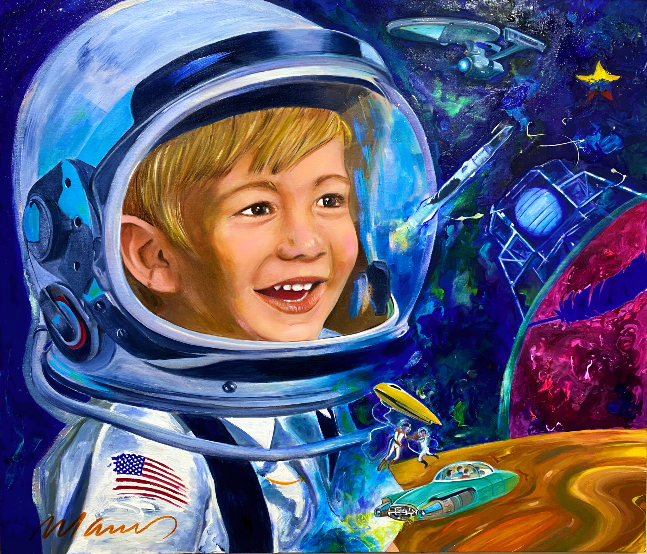 Soñando con las Estrellas · Fine Art · Marcos Ribadeneira · Space Art · Ecuador Artist · Neopop Art · Ecuador Space Society · Moon · Jeff Bezos · Blue Origin ·Stars ·
