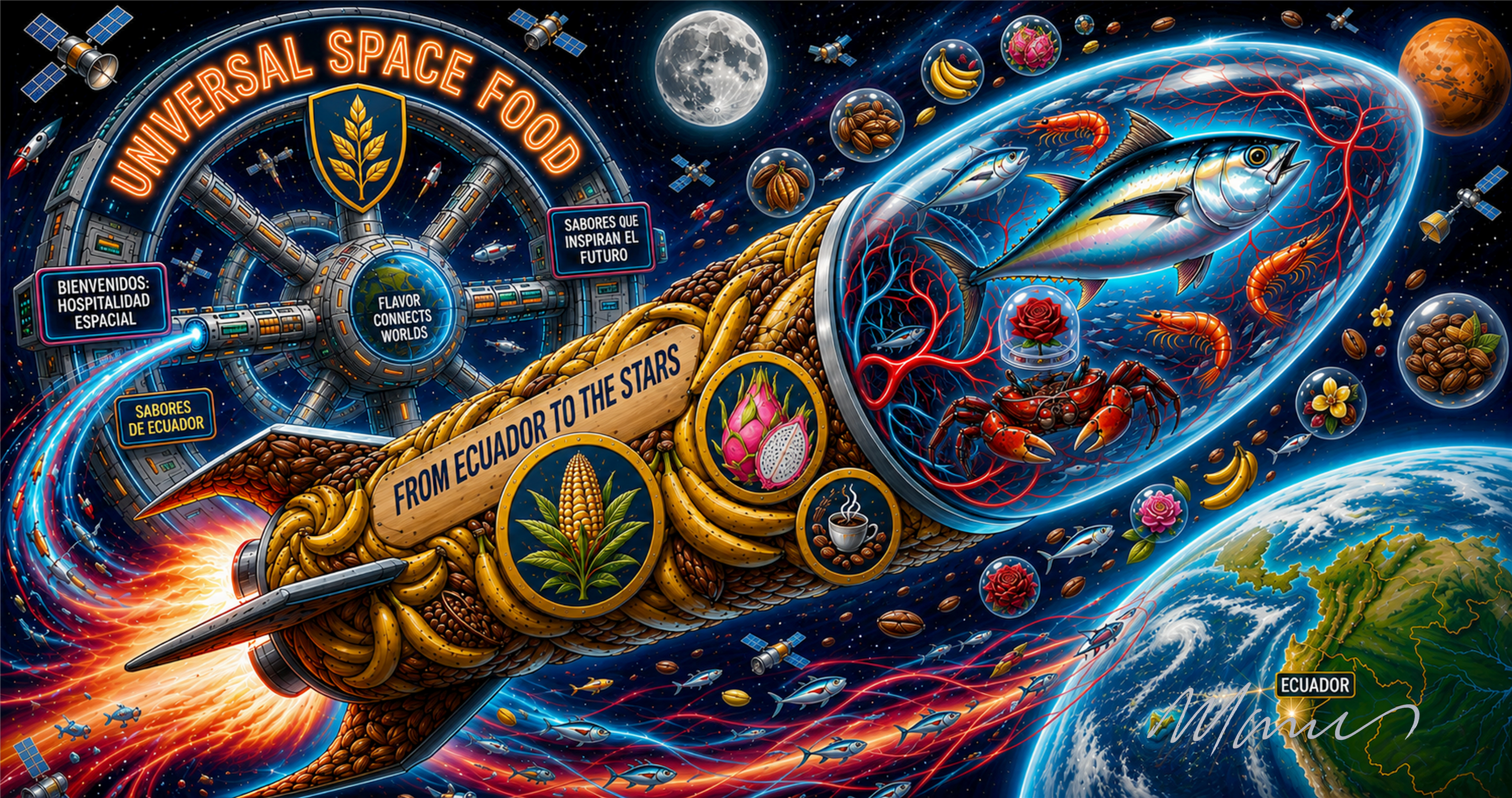 Ecuador y su Gastronomía Galáctica · Fine Art · Marcos Ribadeneira · Space Art · MRS· Ecuador Artist · Neopop Art · Ecuador Space Society · Moon · Ecuadorian Food
